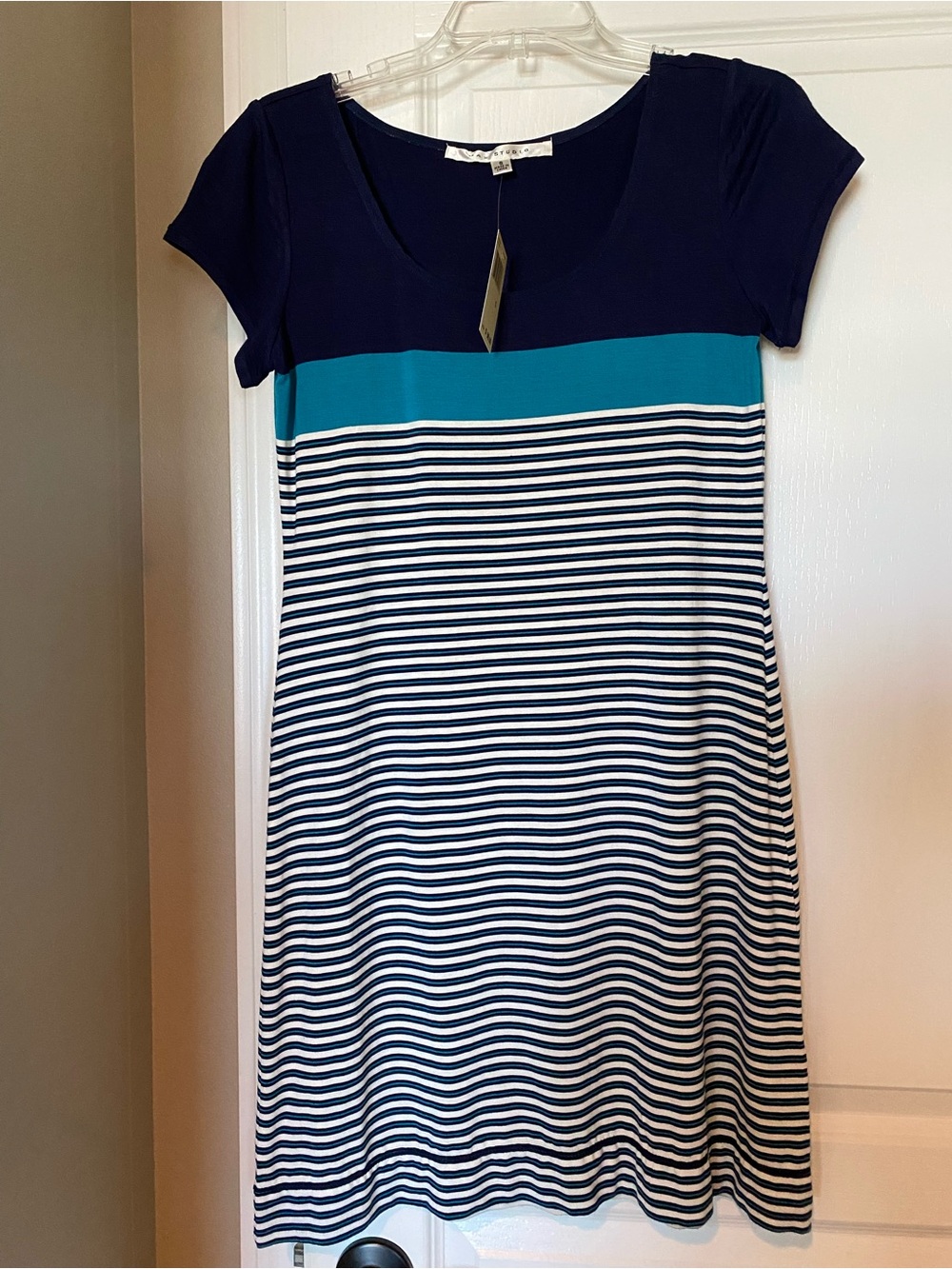 Max Studio Navy, White & Teal Striped Midi Dress